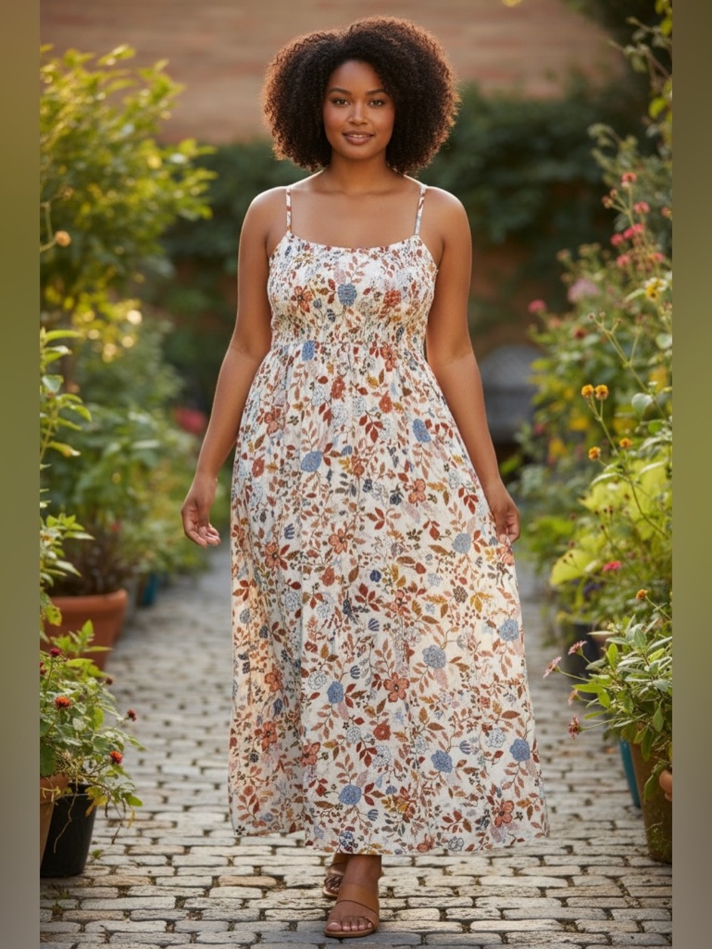 Old Navy Cream Floral Maxi Dress with Blue & Rust Blooms